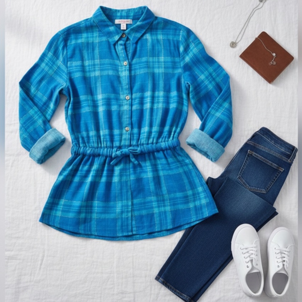 Girls Sparkly Blue Plaid Shirt